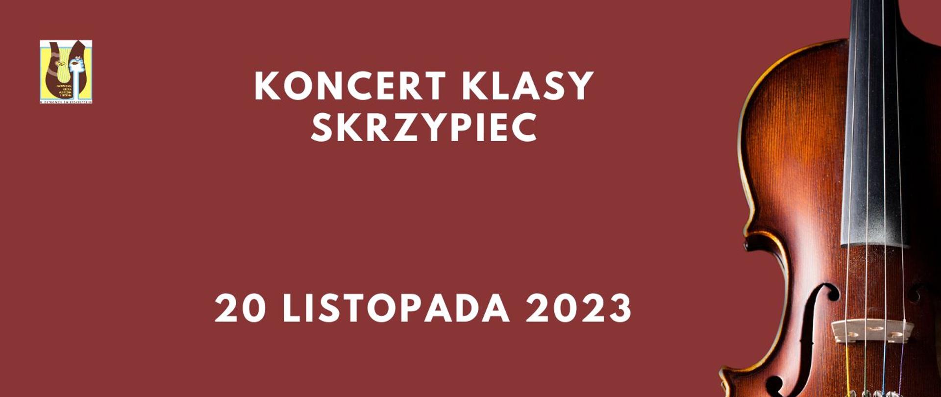 napisy w kolorze białym na tle w kolorze czerwonym ze zdjęciem skrzypiec i z logiem szkoły w prawym górnym rogu