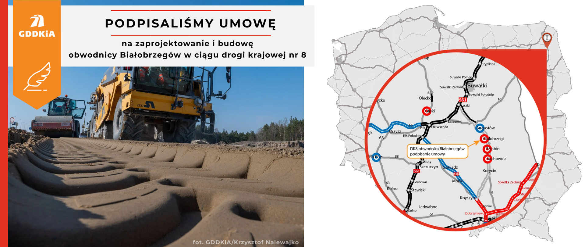 Grafika informująca o podpisaniu umowy na realizację drogi krajowej nr 28 - obwodnica Białobrzegów. Po prawej mapa Polski z zaznaczonym odcinkiem drogi krajowej nr 28. Po lewej poglądowe zdjęcie robót budowlanych. Ślad w ziemi zostawiony przez przejeżdżającą maszynę budowlaną. w tle pracujące maszyny budowlane.