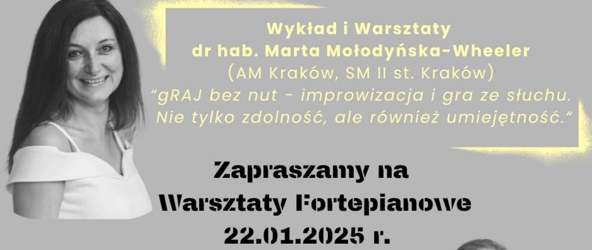 plakat wykonany na szarym tle z dodatkami żółtych wstawek. Na dole po lewej stronie widoczne jest zdjęcie Grzegorza Mania. Na górze po lewej stronie widoczne jest zdjęcie Marty Mołodyńskiej-Wheeler 