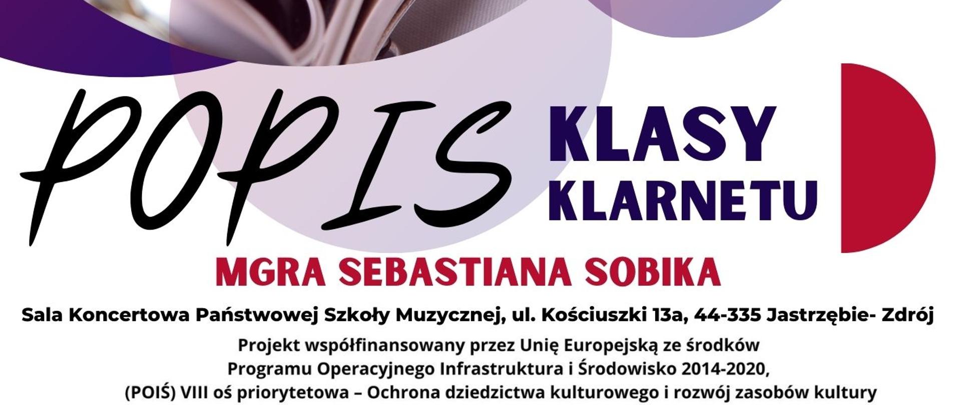 Plakat informacyjny dotyczący popisu klasy klarnetu mgr Sebastiana Sobika odbywającego się w dniu 02.12.2024 o godz 17.00.