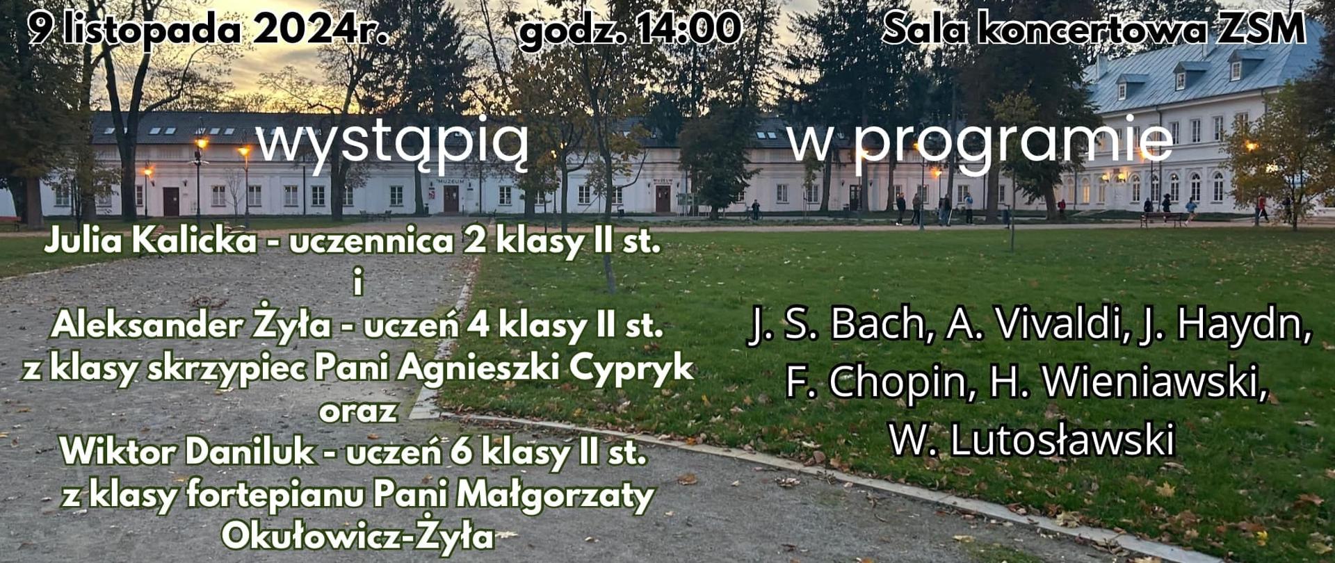 Plakat koncertu, w tle widok parku radziwiłłowskiego w Białej Podlaskiej