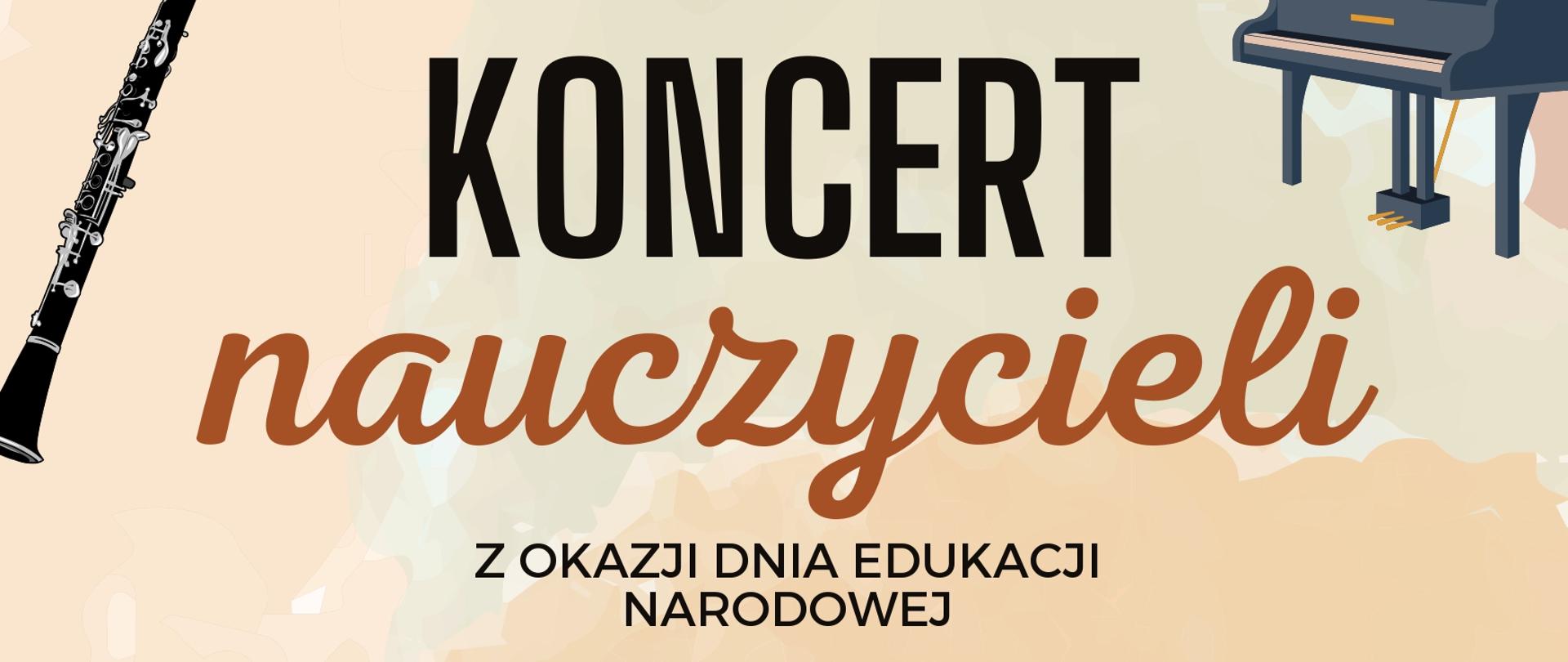 na jasnobeżowym tle widnieją grafiki instrumentów, pośrodku jest napis informujący o dacie i godzinie koncertu