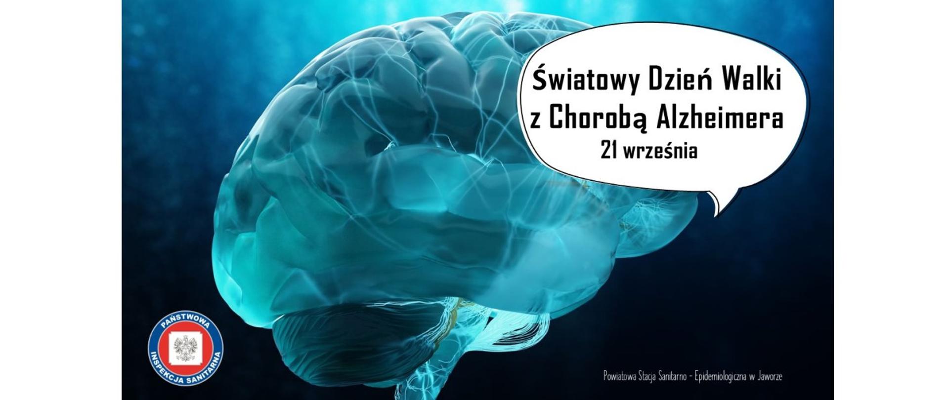 W tle grafiki symbol graficzny mózgu, a na nim napis: Światowy Dzień Walki z Chorobą Alzheimera 21 września umieszczony w chmurce.