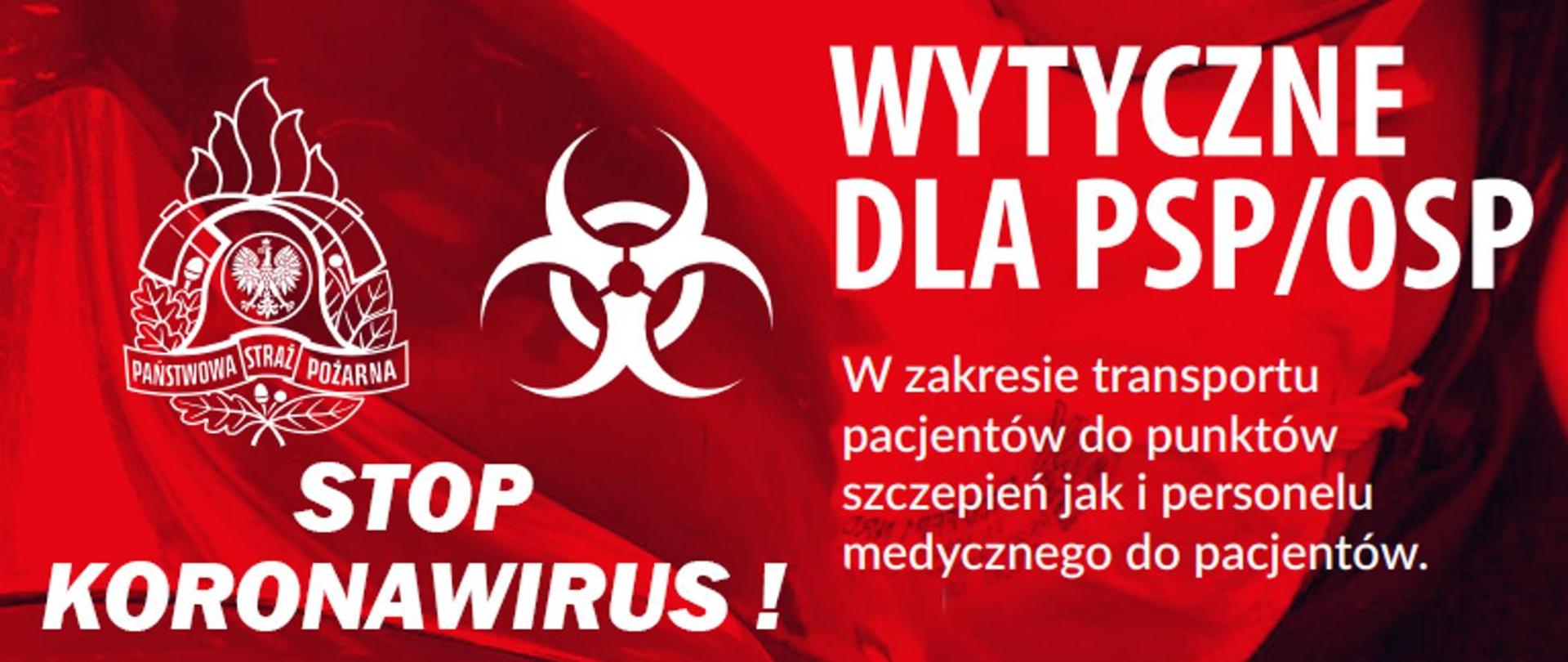 zdjęcie przedstawia napis Stop Koronawirus! oraz Wytyczne dla PSP/OSP w zakresie transportu pacjentów do punktów szczepień jak i personelu medycznego pacjentów. z lewej strony od góry umieszczono logo PSP i symbol zagrożenia biologicznego.