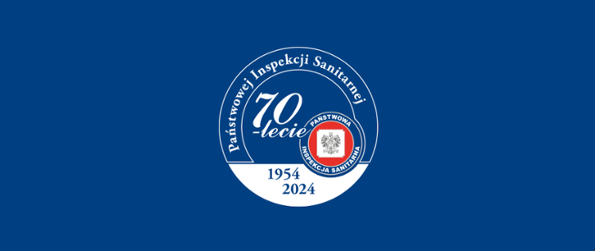 Biały napis na niebieskim tle 70-lecie Państwowej Inspekcji Sanitarnej, 1954-2024, logo PIS