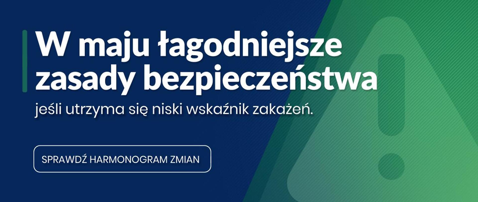 napis: W maju łagodniejsze zasady bezpieczeństwa jeśli utrzyma się niski wskaźnik zakażeń. Sprawdź harmonogram zmian.