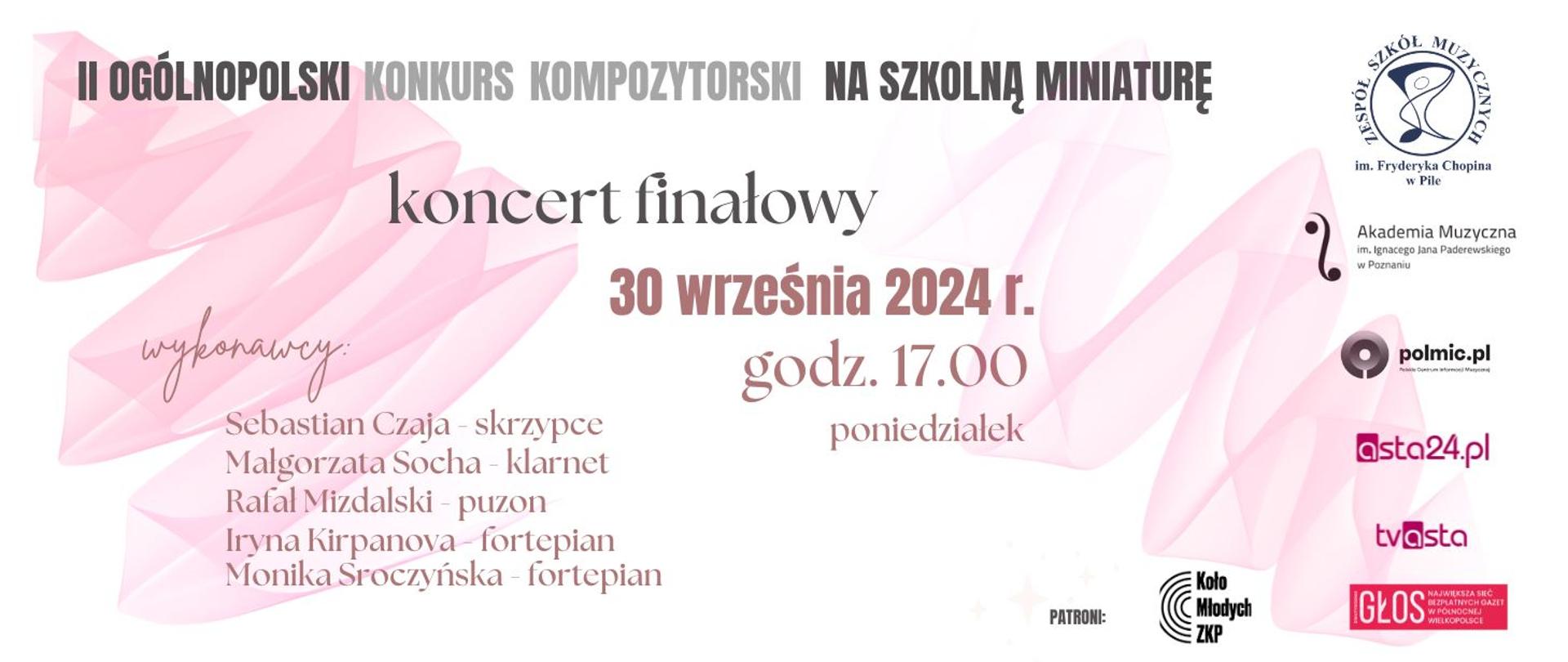 na białym tle z lewego górnego rogu oraz z dolnego prawego rogu zwisająca przezroczysta różowa wstęga, napis "II Ogólnopolski konkurs kompozytorski na szkolną miniaturę"