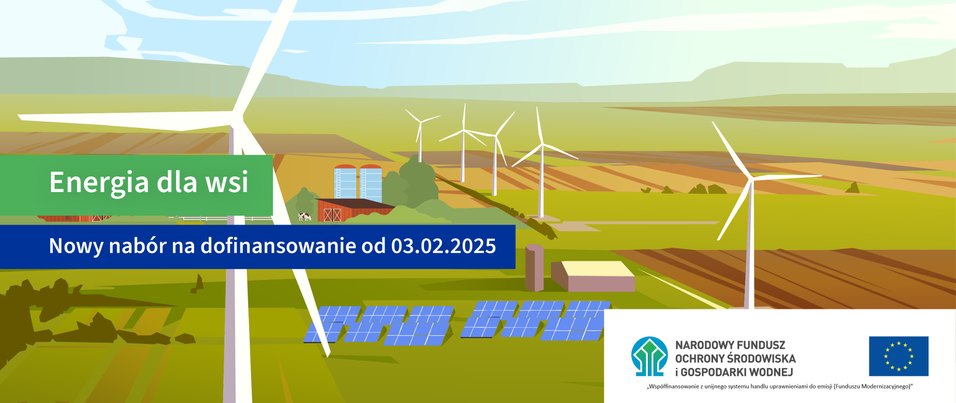 Grafika do naboru Energia dla wsi, przedstawia rozległe pola uprawne, wśród których stoją wiatraki, instalacje fotowoltaiczne oraz magazyny energii, w tle widać zabudowania oraz zwierzęta gospodarskie