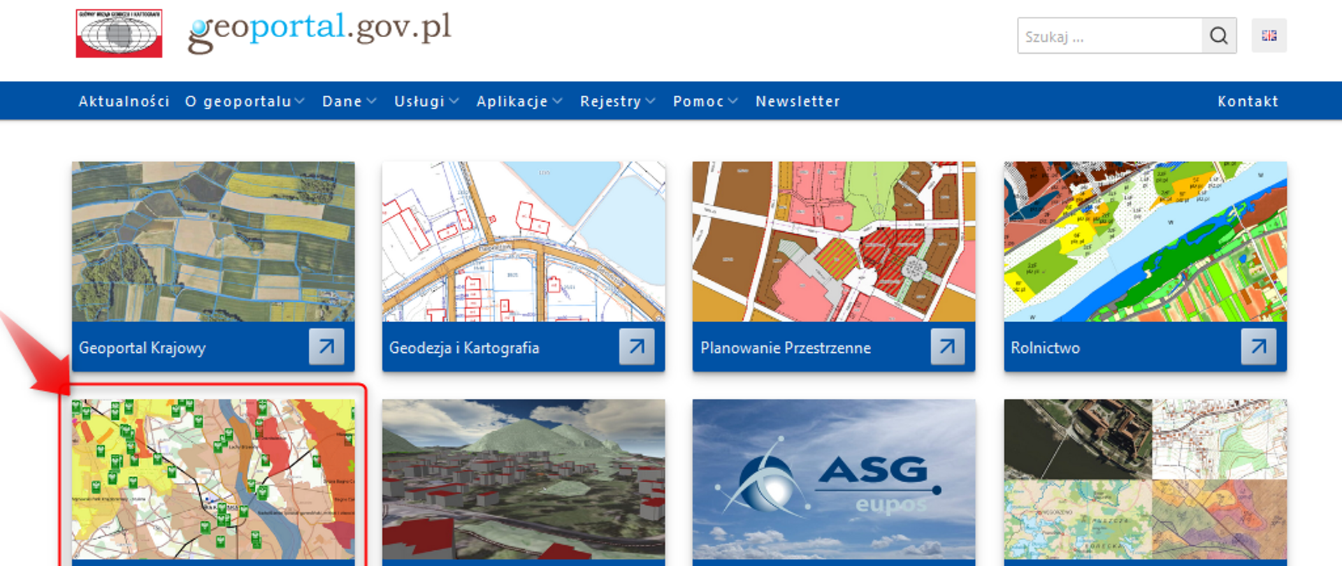 Rys1. Ilustracja przedstawia stronę główną Geoportalu z nową kompozycją Ochrona środowiska