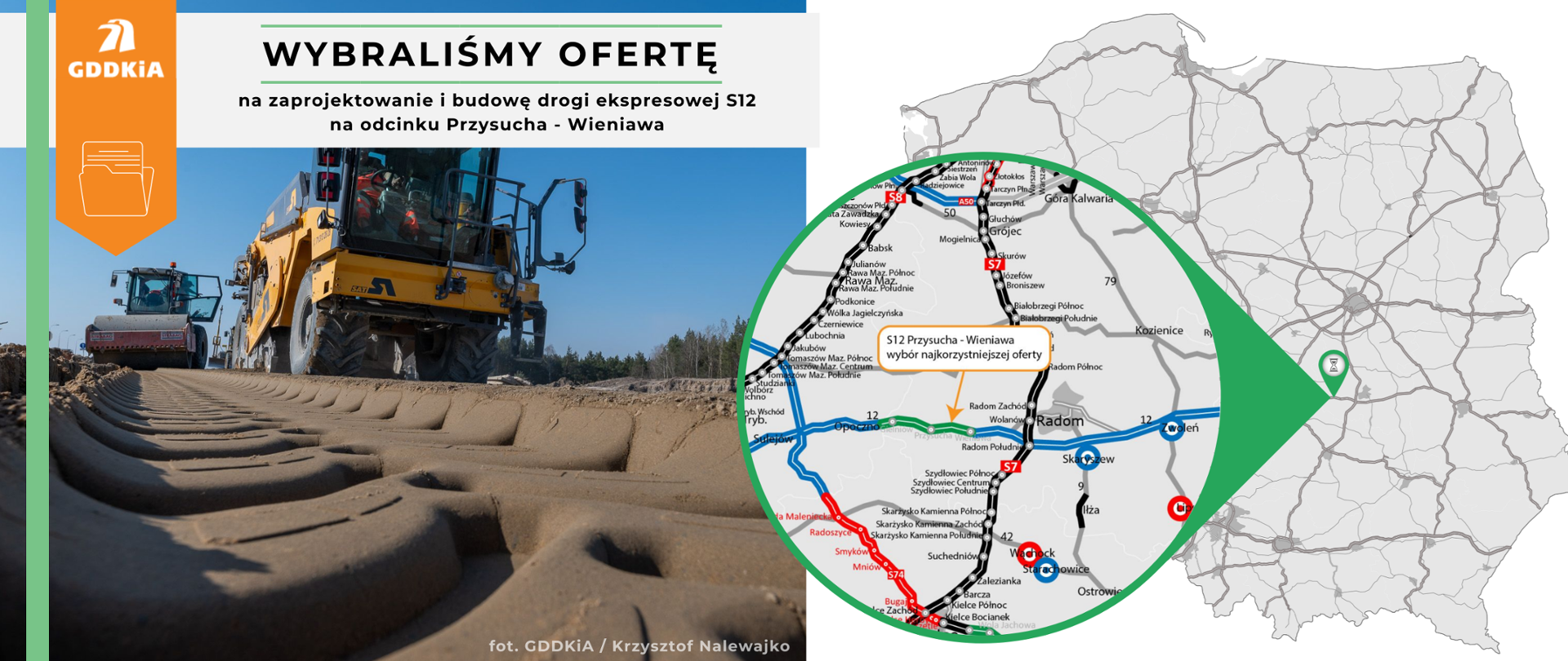 Infografika prezentująca informację o wyborze oferty na zaprojektowanie i budowę drogi ekspresowej S12 na odcinku Przysucha - Wieniawa