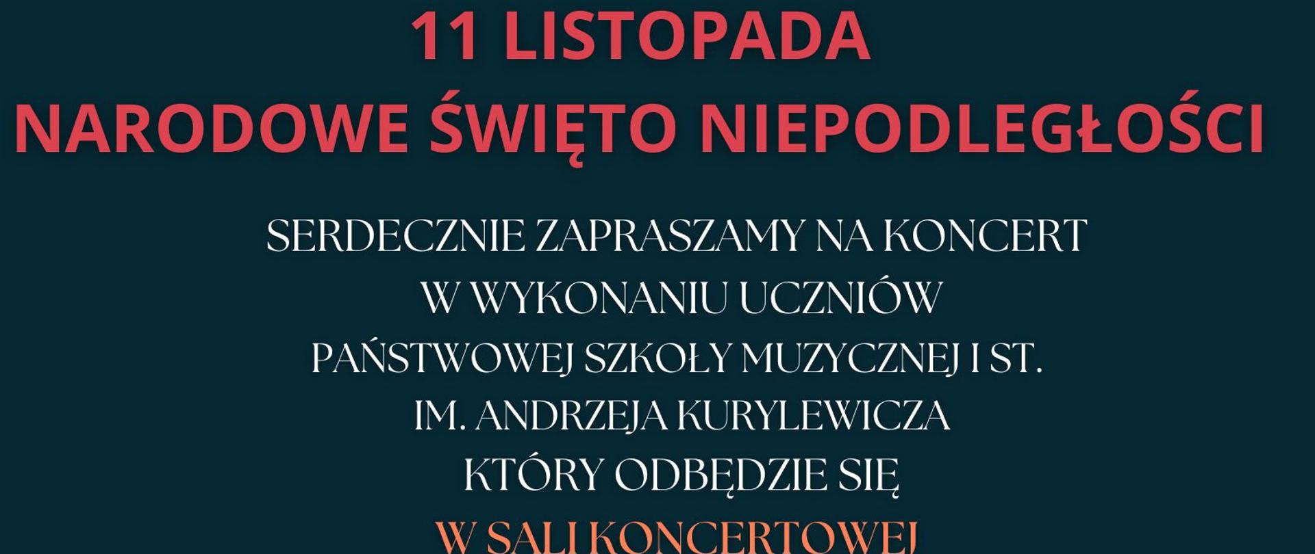 Plakat z napisem 11 listopada Narodowe Święto Niepodległości, biało-pomarańczowe literki .Na zielonym tle przedstawiona grupka ludzi, szarfa biało-czerwona z godłem polski.