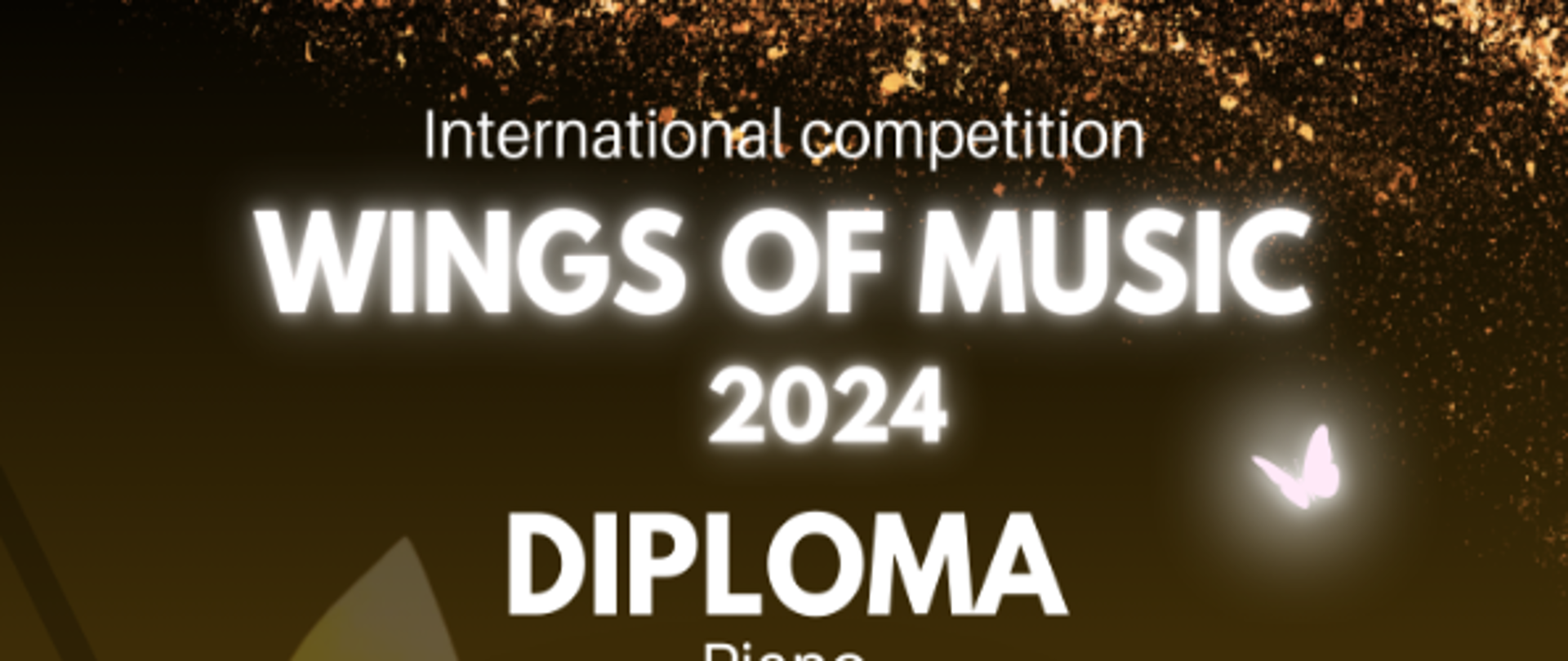 Dyplom z Międzynarodowego Konkursu Wings of Music 2024. Na dyplomie widnieje numer 1, oznaczający pierwsze miejsce w kategorii fortepian, przyznane Gabrielowi Kuizinasowi. Tło jest złote, z elementami graficznymi nawiązującymi do muzyki: klucz wiolinowy i motyle. Zawiera podpis dyrektora i przewodniczącego jury oraz logo "Gitarija. Lt".