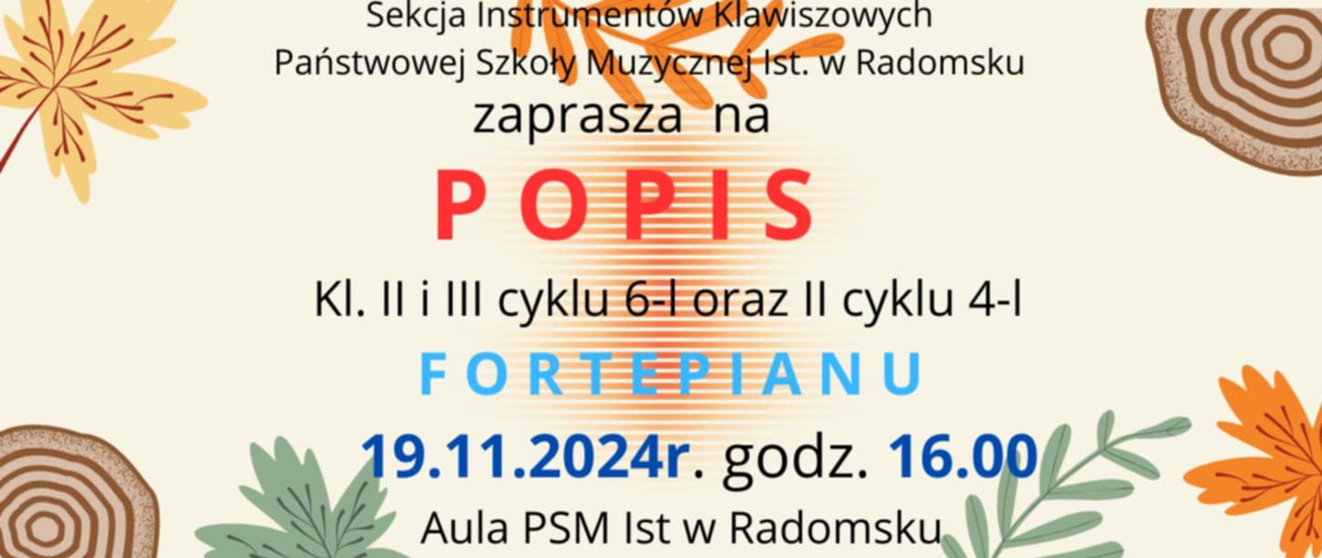 Na jasnoróżowym tle znajdują się napisy informacyjne w kolorach : błękitnym, granatowym, czerwonym, czarnym oraz grafiki liści w kolorach pomarańczowym, zielonym i grafiki przekroju pnia drzewa w kolorze brązowym.