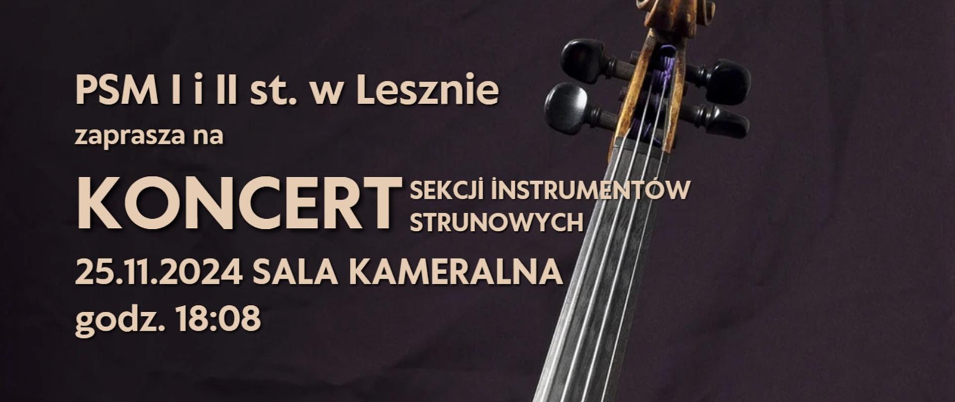 Plakat Koncertu sekcji instrumentów strunowych z fragmentem gryfu.