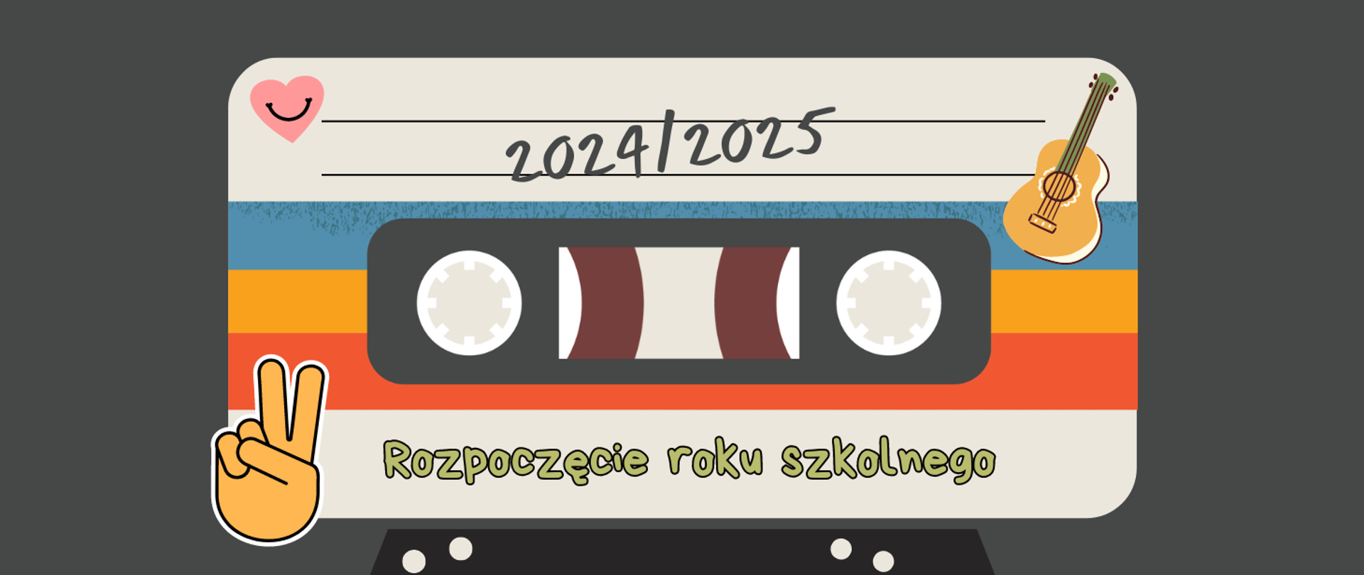 Grafika na grafitowym tle z motywem taśmy magnetofonowej i tekstem "Rozpoczęcie roku szkolnego 2024/2025"