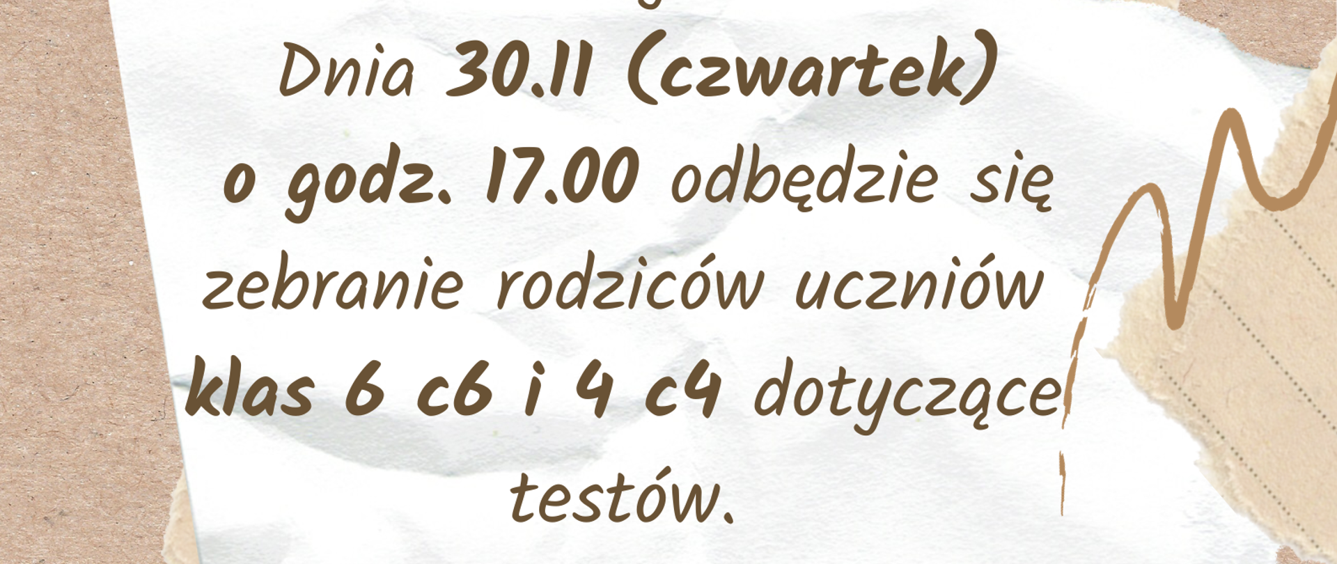 Na tle biało brązowym brązową czcionką poinformowano że odbędzie się zebranie rodziców absolwentów