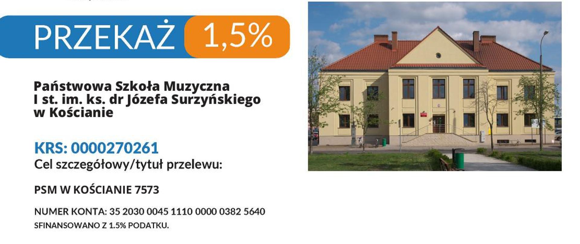 wizytówka z danymi potrzebnymi do przekazania 1,5% podatku na cele statutowe szkoły