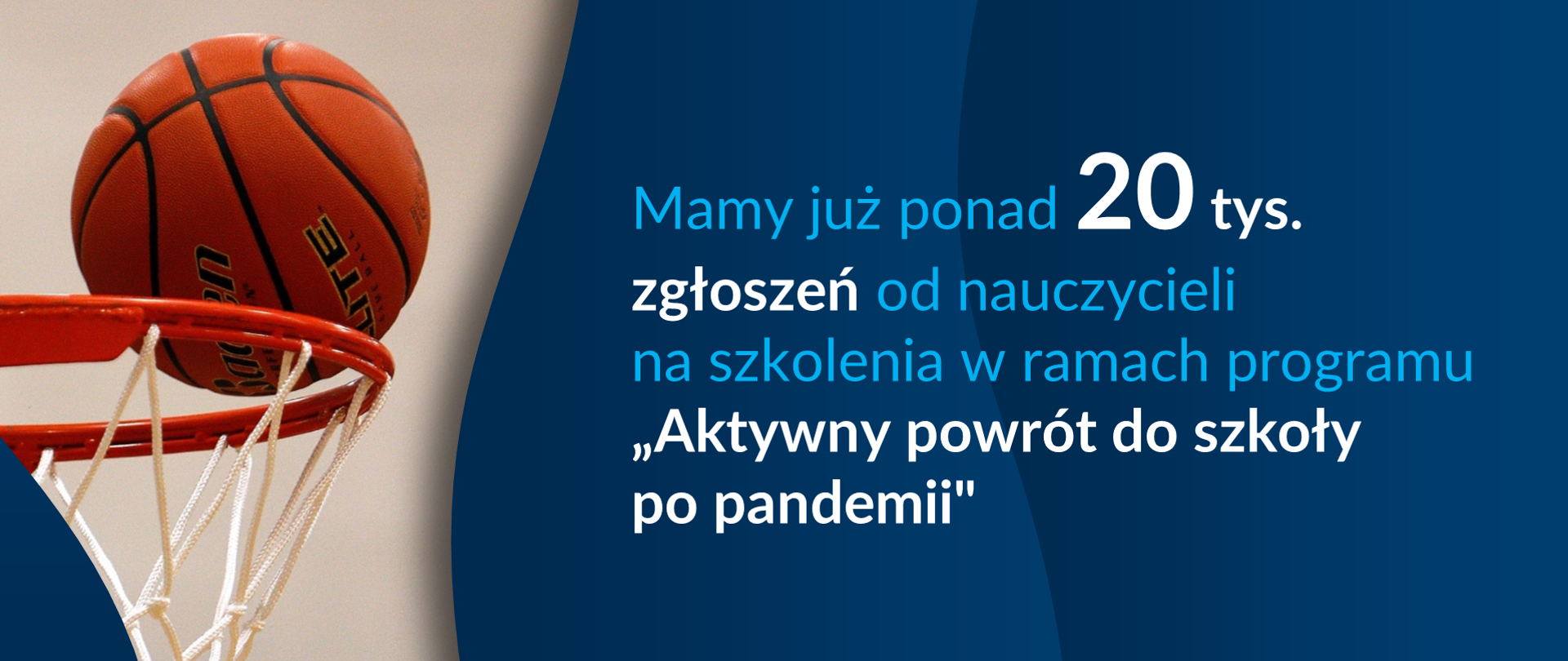 Grafika ze zdjęciem piłki do kosza na obręczy, oraz tekstem: "Mamy już ponad 20 tys. zgłoszeń od nauczycieli na szkolenia w ramach programu "Aktywny powrót do szkoły po pandemii""