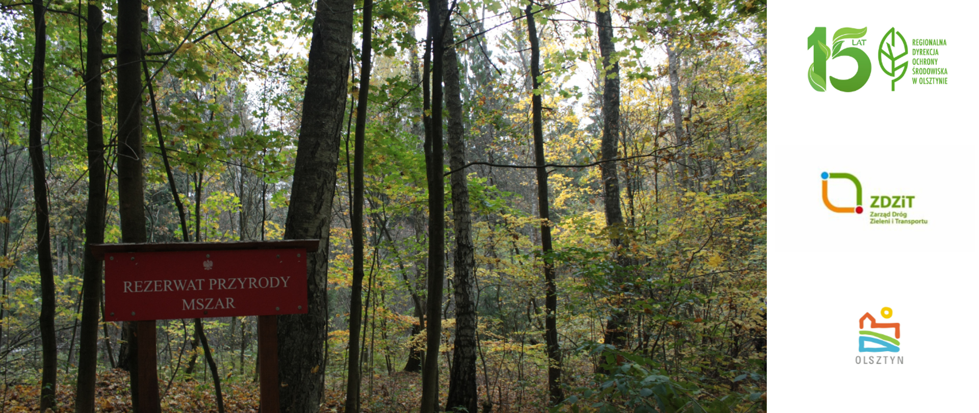 Na pierwszym planie widoczna czerwona tablica z napisem rezerwat przyrody Mszar. W tle widać rosnące drzewa.