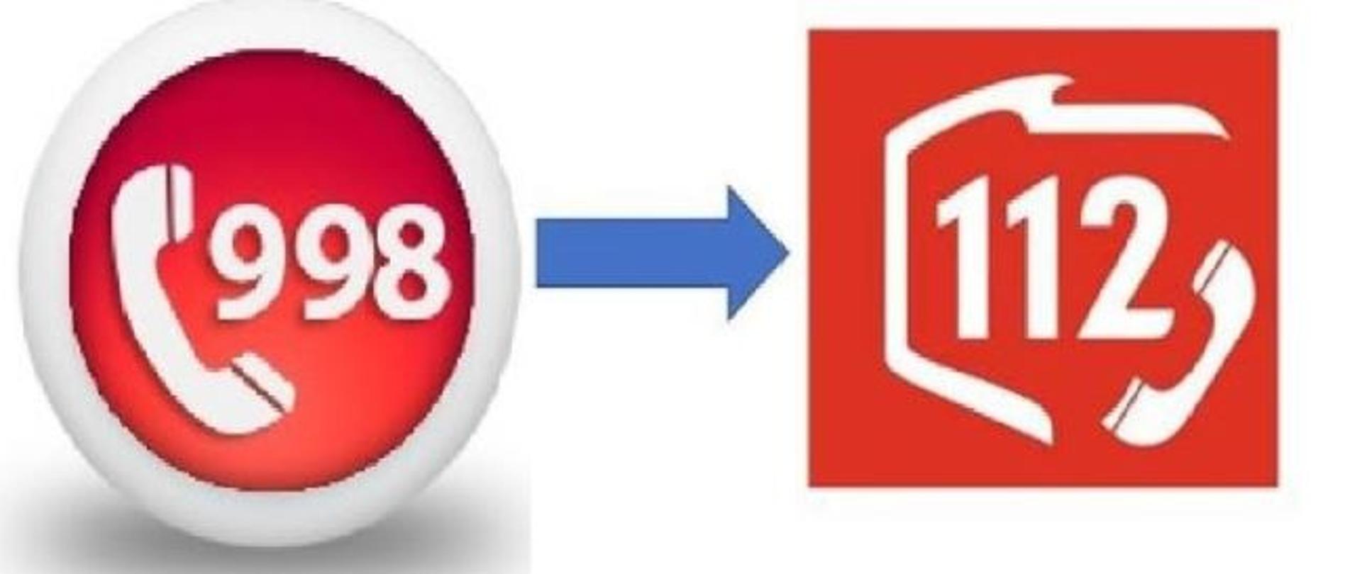 Okrągłe czerwone logo ze słuchawką i numerem 998 przechodzi w logo centrum powiadamiania ratunkowego, w czerwonym kwadracie numer 112 i słuchawka.
