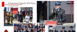 Infografika ułożona z kliku zdjęć. Na zdjęciach strażacy w mundurach wyjściowych podczas uroczystości wręczenia kluczyków do nowego wozu strażackiego.