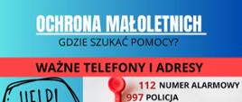 Panorama plakatu z informacją " Ochrona Małoletnich, gdzie szukać pomocy, ważne telefony i adresy 112 numer alarmowy, 997 policja.