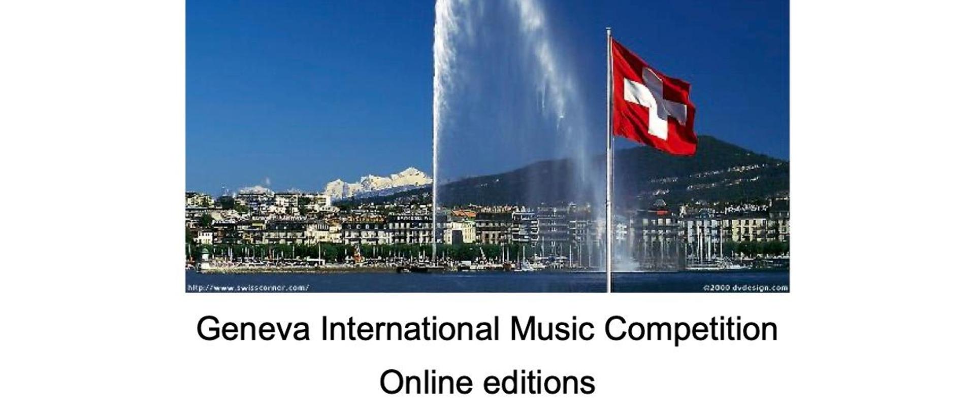 Na zdjęciu fontanna wraz z flagą Szwajcarii. Na dole napis Geneva International Music Competition 