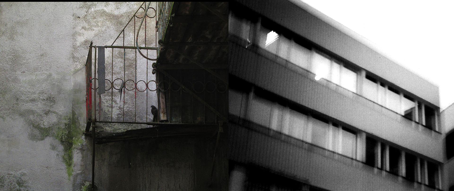 Zdjęcia starej fasady i balkonu przechodzące w rozmazane zdjęcie bloku