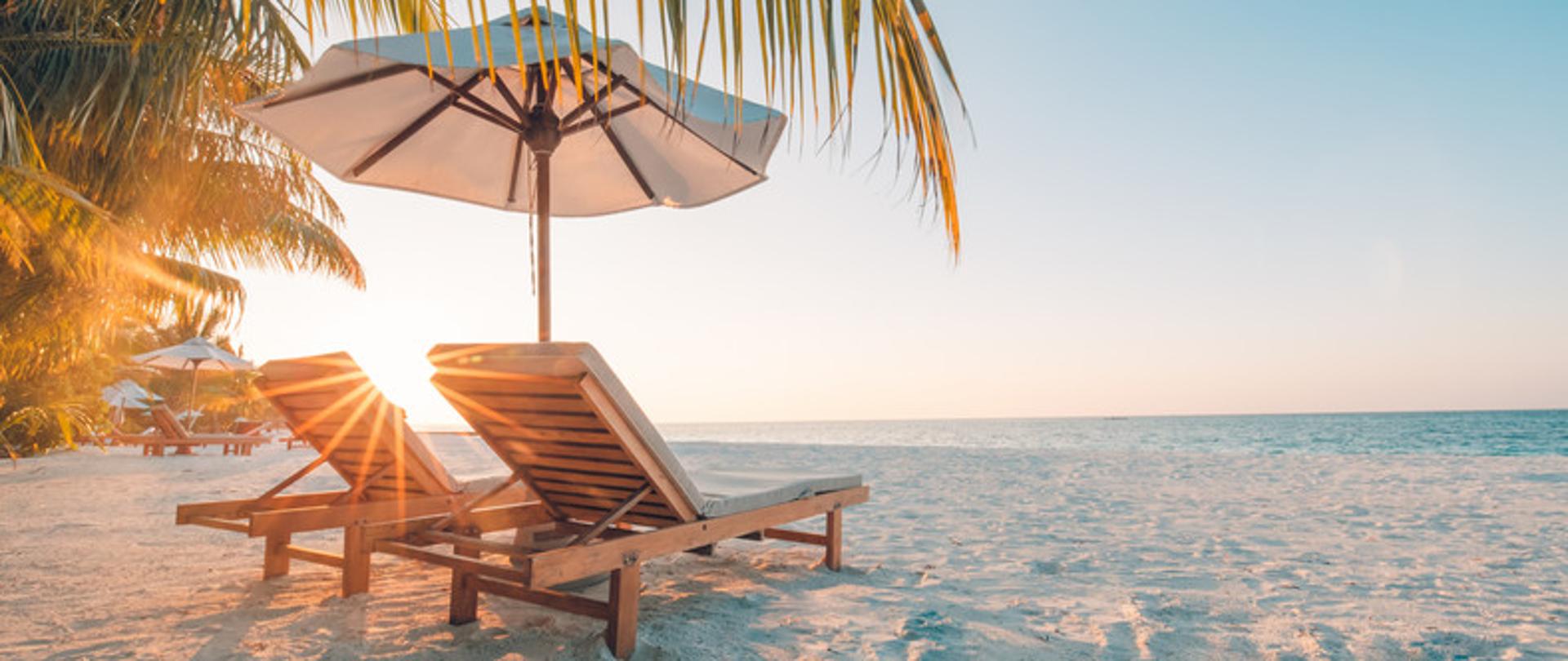 Na zdjęciu widoczna jest plaża. Na piasku pod palmą znajdują się dwa leżaki obok, których stoi parasol.