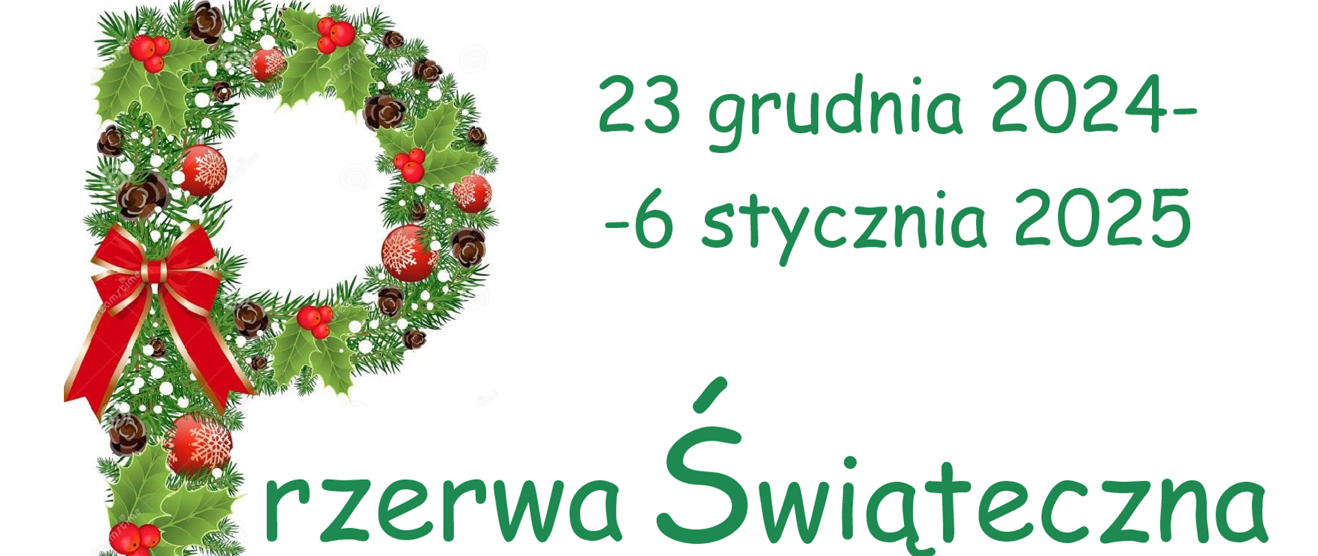 Grafika przedstawia informację o zimowej przerwie świątecznej 2024/2025, trwającej od 23 grudnia 2024 do 6 stycznia 2025. Podkreślono, że 2 i 3 stycznia są wolne od zajęć dydaktycznych. 🎄