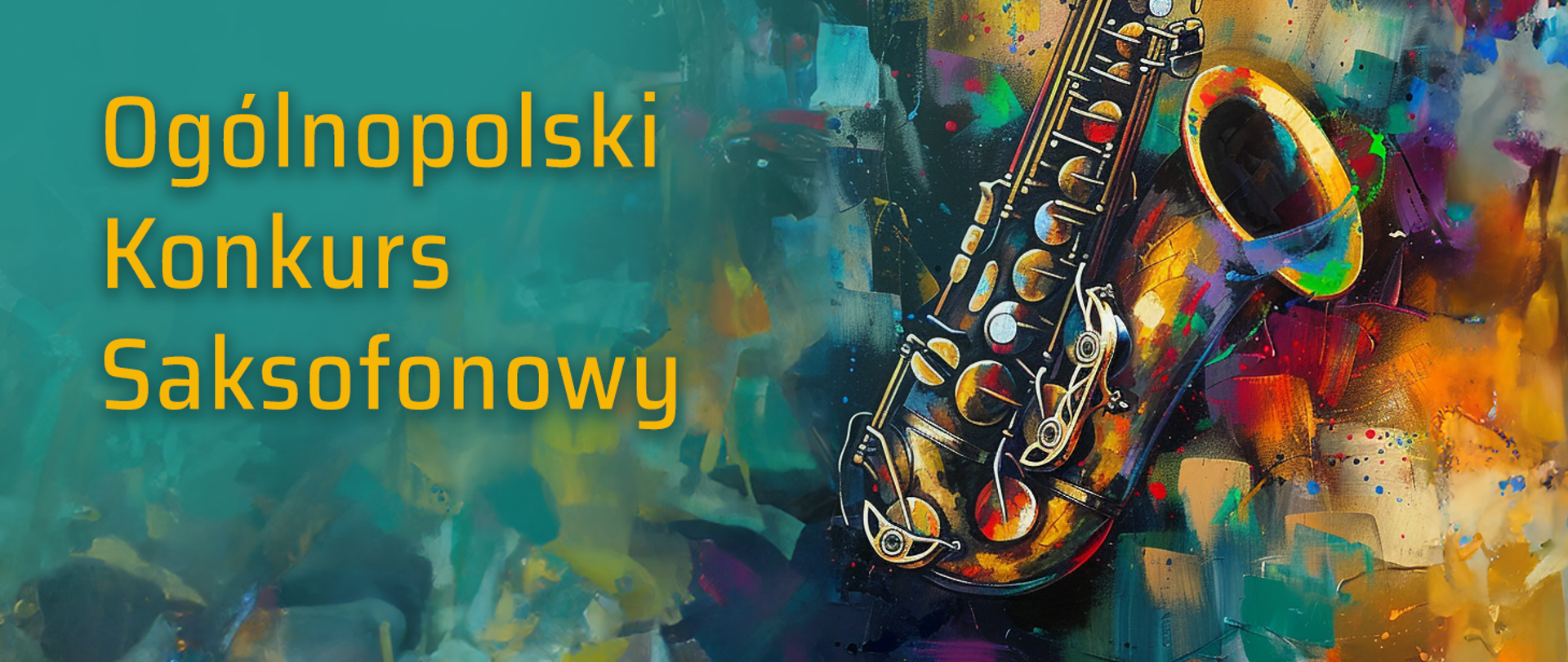 na kolorowym tle kawałek saksofonu i napis w żółtym kolorze Ogólnopolski konkurs saksofonowy