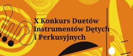 plakat z pomarańczowym tłem, na którym bo bokach zarysowane są dwa instrumenty muzyczne, od lewej waltornia, z prawej saksofon, oba żółte z zakręconymi liniami na sobie, na środku informacje o konkursie 