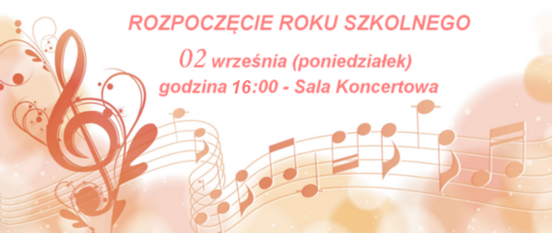 Baner. Na różowym tle z elementami muzycznymi informacja o rozpoczęciu roku szkolnego