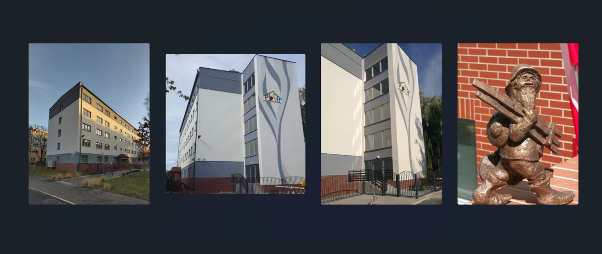Cztery zdjęcia na szarym tle. Od lewej strony zdjęcie budynku bursy na tle nieba, drugie zdjęcie prezentuje elewacje budynku z logotypem