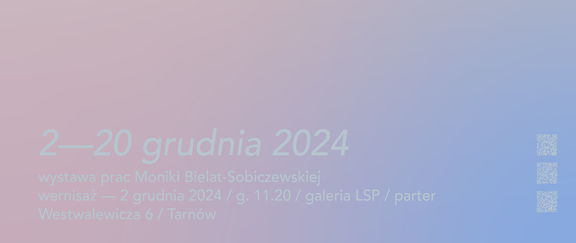 Grafika przedstawia zmieszane kolory akwareli oraz tekst na środku w kolorze niebieskim akwarela - moja miłość na dole grafiki tekst w kolorze niebieskim 2-20 grudnia 2024 wystawa prac Moniki Bielat-Sobieszowskiej wernisaż - 2 grudnia 2024 / g. 11.20 / galeria LSP / parter Westwalewicza 6 / Tarnów po prawej na dole grafiki 3 kody kreskowe w kolorze niebieskiem