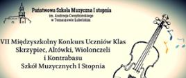 plakat na białym tle z cieniami na konturach, na górze logo szkoły, informacje o konkursie oraz naszkicowane skrzypce z prawej strony z kolorowymi nutkami