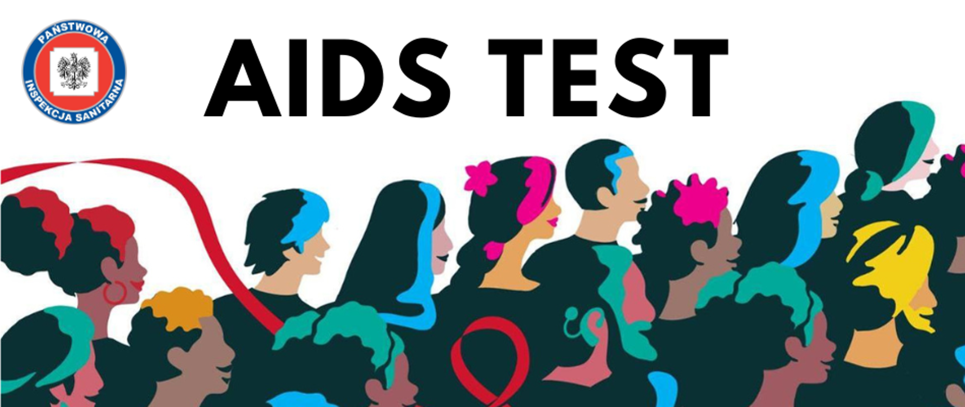 Grafika osób zmierzających w jednym kierunku z tytułem na środku "AIDS TEST" Po środku tłumu wstążka czerwona stanowiąca integrację.