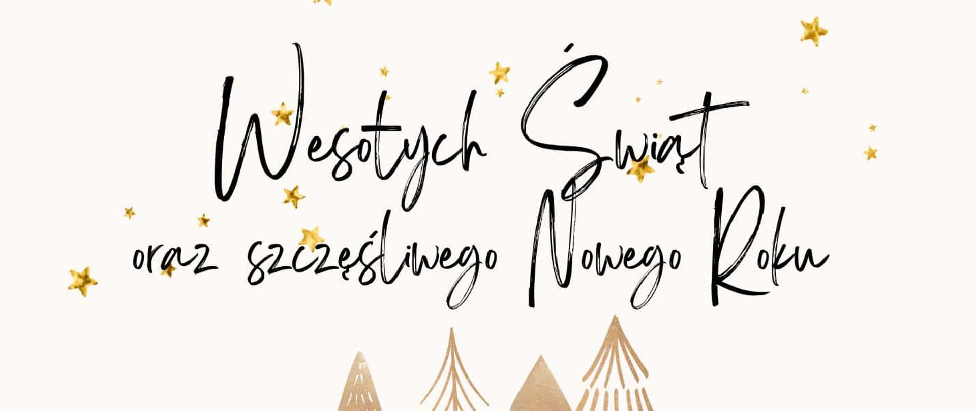 Grafika w kremowym tle ze złotymi gwiazdkami świątecznymi i rysunkiem choinek. W tle znajdują się napisy: "Wesołych Świąt oraz szczęśliwego Nowego Roku. Wyjątkowych Świąt Bożego Narodzenia, pełnych szczęścia, wiary i nadziei, Niech magia wigilijnego wieczoru przyniesie radość, a świąteczne dni będą czasem odpoczynku i refleksji. Aby Nowy Rok spełnił nadzieje z nim związane i udało się z sukcesem zrealizować plany oraz zamierzenia. Życzy Dyrektor Szkoły - Adriana Nizińska".