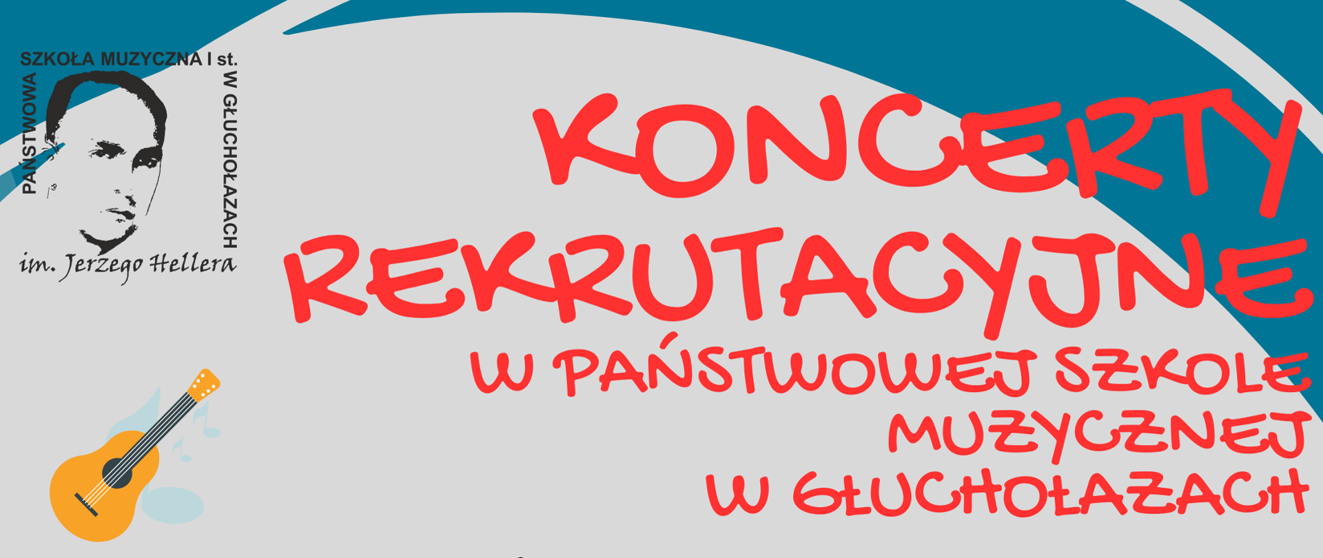 Plakat szare tło pobrzeżach granatowe pasy w kształcie okręgów W lewym górnym rogu czarne logo szkoły muzycznej w Głuchołazach według ustalonego znaku, ponizej grafika przedstawiajaca gitare. Z prawej strony napis w kolorze czerwonym koncerty rekrutacyjne w Państwowej szkole muzycznej w Głuchołazach poniżej napis w kolorze czarnym harmonogram 20 maja 2024 9:30 Przedszkole nr 1 10:30 Przedszkole Puchatek 11:45 przedszkole nr 2 21 maja 2024 10:00 Szkoła Podstawowa nr 1 klasy 1-2 j11:30 Szkoła Podstawowa nr 1 klasy 3 4 22 maja 2024 9:00 Szkoła Podstawowa nr 2 klasy 1 2 10 Szkoła Podstawowa nr 2 klasy 3 4 11:30 szkoła podstawowa nr 2 klasy 5 23 maja 2024 9 Szkoła Podstawowa nr 3 klasy 1 2 10 Szkoła Podstawowa nr 3 klasy 3 11:30 szkoła podstawowa nr 3 klasy 4 5 poniżej napis w kolorze czerwonym dzień otwarty 25 maja 2024 sobota godzina 11:00 do 14:00 zapraszamy dzieci rodziców poniżej grafika przedstawiająca trójkę dzieci uśmiechniętych w kolorowych ubraniach grających na saksofonie skrzypcach i werblu marszowym stoją na pofalowanej klawiaturze fortepianu w prawym dolnym rogu rysunek marakasów oraz rysunek werbla z dwiema brązowymi pałkami najniżej czarny napis www.gov.pl/psmglucholazy