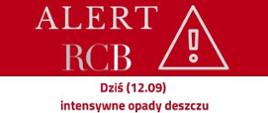 Grafika informująca o alercie RCB - dziś (12.09) intensywne opady deszczu - alert RCB w woj. dolnośląskim, opolskim oraz części łódzkiego i wielkopolskiego 