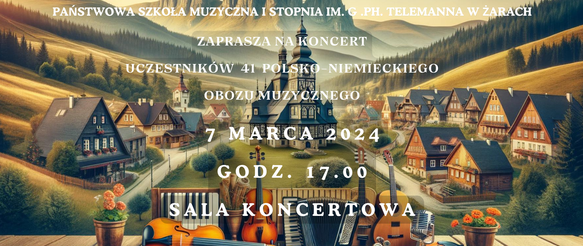 Na obrazie widzimy plakat informacyjny zapraszający na koncert uczestników 41 polsko-niemieckiego obozu muzycznego. Wydarzenie odbędzie się 7 marca 2024 roku o godzinie 17:00 w sali koncertowej. Organizatorem jest Państwowa Szkoła Muzyczna I stopnia im. G. Ph. Telemanna w Żarach. Grafika plakatu przedstawia malowniczy pejzaż z charakterystycznymi dla regionu górskiego elementami: tradycyjną zabudową, kościołem, a także elementy związane z muzyką, takie jak instrumenty muzyczne (wiolonczela, gitara, harmonijka, flet, rogi i inne). Na pierwszym planie, w dolnej części obrazu, widoczne są kwiaty w doniczce, co dodaje kompozycji przytulności i domowego ciepła. Wizualizacja ta oddaje klimat zbliżającego się wydarzenia muzycznego, które ma miejsce w malowniczej, prawdopodobnie górskiej lokalizacji.