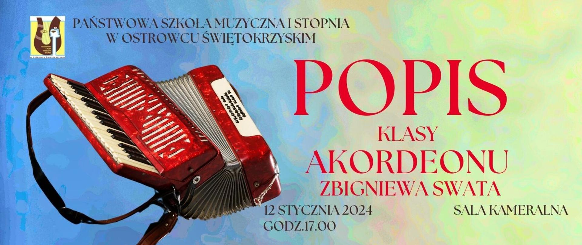 napisy w kolorze czerwonym na tle w kolorze niebieskim i z logiem szkoły w prawym górnym rogu