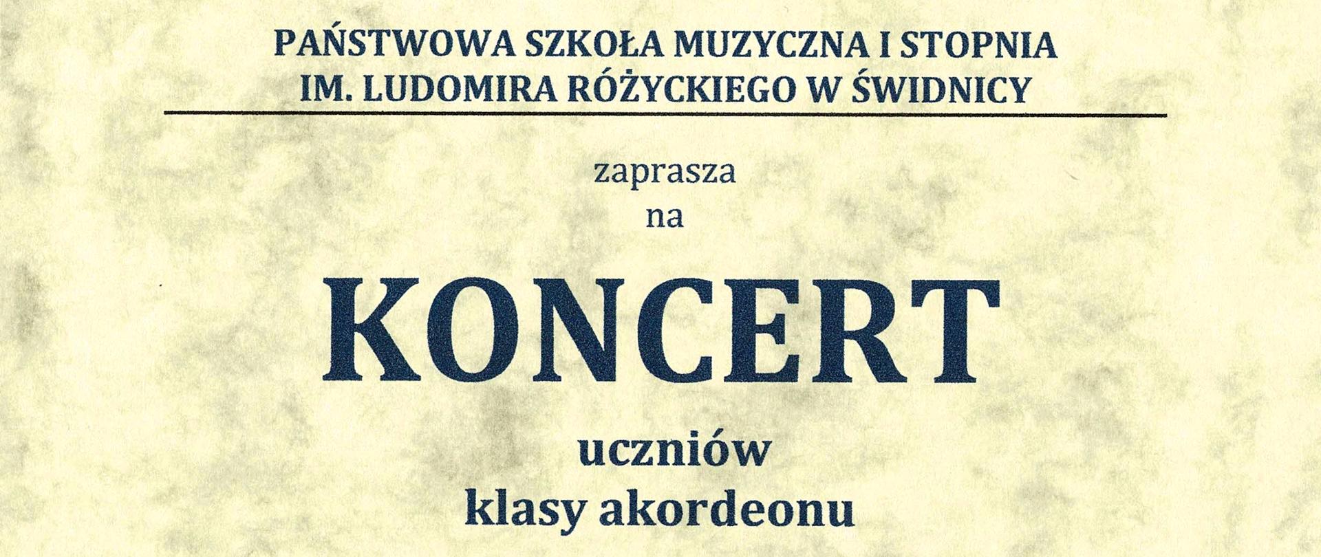 Plakat informuje o:" koncercie klasy akordeonu p. Adama Miszkuro 24 stycznia 2025 roku godz. 16:00 Aula PSM" pisane czarną czcionka na srodku plakatu. Tło w kolorze beżowym z ciemnymi przebawieniami na środku plakatu rysunek czerwonego akordeonu.