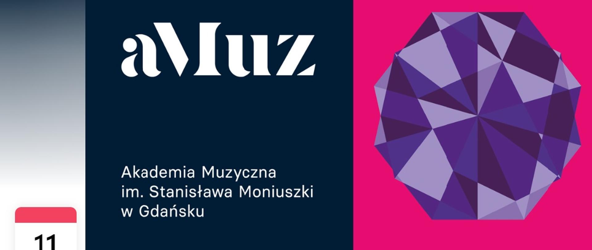 Grafika jest plakatem promującym koncert "Młode Talenty w aMUz" Na białym tle jest umieszczony tytuł koncertu i nazwa organizatora: Akademia Muzyczna im. Stanisława Moniuszki w Gdańsku oraz data koncertu.Wyżej na czarnym tle jest logo i nazwa organizatora. Po prawej, na różowym jest grafika przedstawiająca niebieski diament.