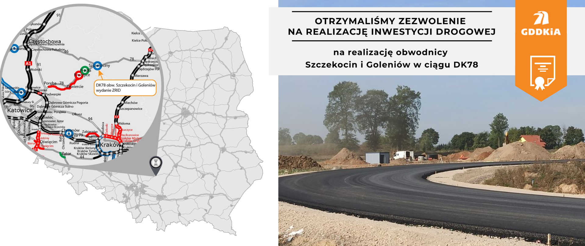 Grafika informująca o wydaniu zezwolenia na realizację inwestycji drogowej dla obwodnicy Szczekocin i Goleniowa w ciągu DK78. Po lewej mapa Polski z zaznaczonym odcinkiem drogi. Po prawej zdjęcie poglądowe z placu budowy. Świeżo położona warstwa asfaltu.