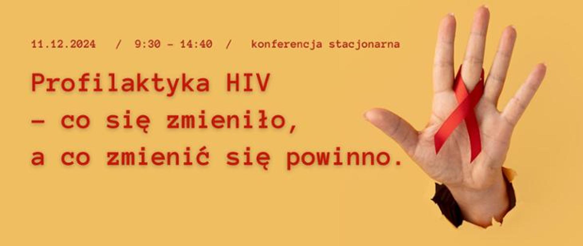 Grafika przedstawia rękę trzymającą czerwoną wstążeczkę i napis 11.12.2024 konferencja "Profilaktyka HIV- co się zmieniło, a co zmienić się powinno"