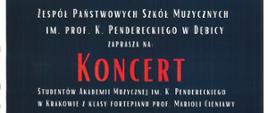 Plakat z wydarzeniem - Koncert Studentów Akademii Muzycznej im. K. Pendereckiego w Krakowie z klasy fortepianu prof. Marioli Cieniawy, który odbędzie się 15.01.2024r. godz. 17:00 w sali koncertowej ZPSM w Dębicy, w koncercie wystąpią Emanuel Manuch, Julian Stanny, Mikołaj Frach; tło plakatu ciemny granat, w tle umieszczono wizerunek wykonawców, na dole plakatu znajduje się klawiatura; napisy na plakacie białe i czerwone.