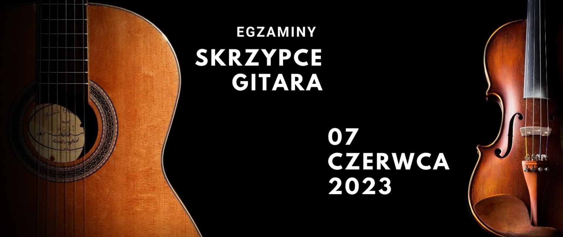 gitara i skrzypce na czarnym tle z białymi napisami z logo szkoły w kolorze żółto-brązowym