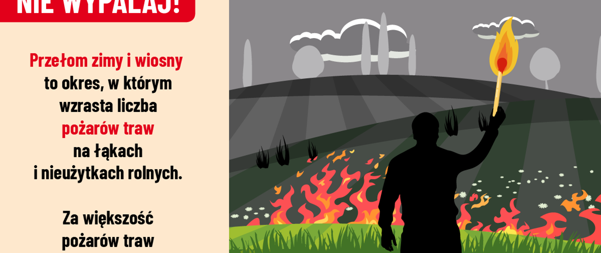 Na plakacie hasło: Nie wypalaj! na pierwszym planie infografika - czarna postać człowieka (mężczyzny), który w reku trzyma pochodnię. Stoi na tle płonącej połaci traw, w tle spalony krajobraz. To sprawca pożaru. 