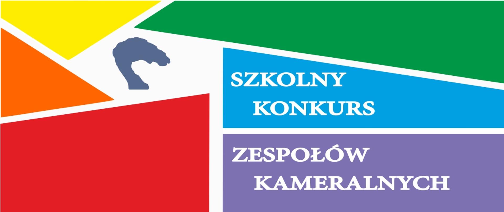 Kolorowe figury geometryczne, między nimi zarys drzewa i napis Szkolny Konkurs Zespołów Kameralnych